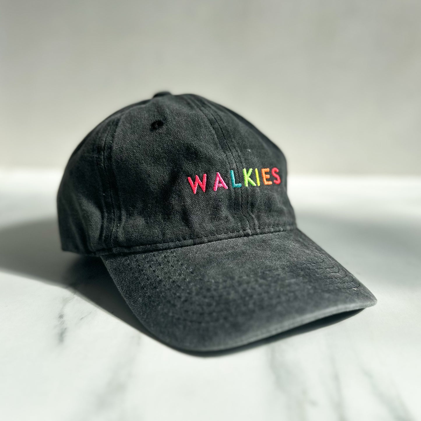 Black WALKIES cap – stand out cotton dog walking hat with colorful embroidered design, adjustable and stylish for dog lovers in the UK