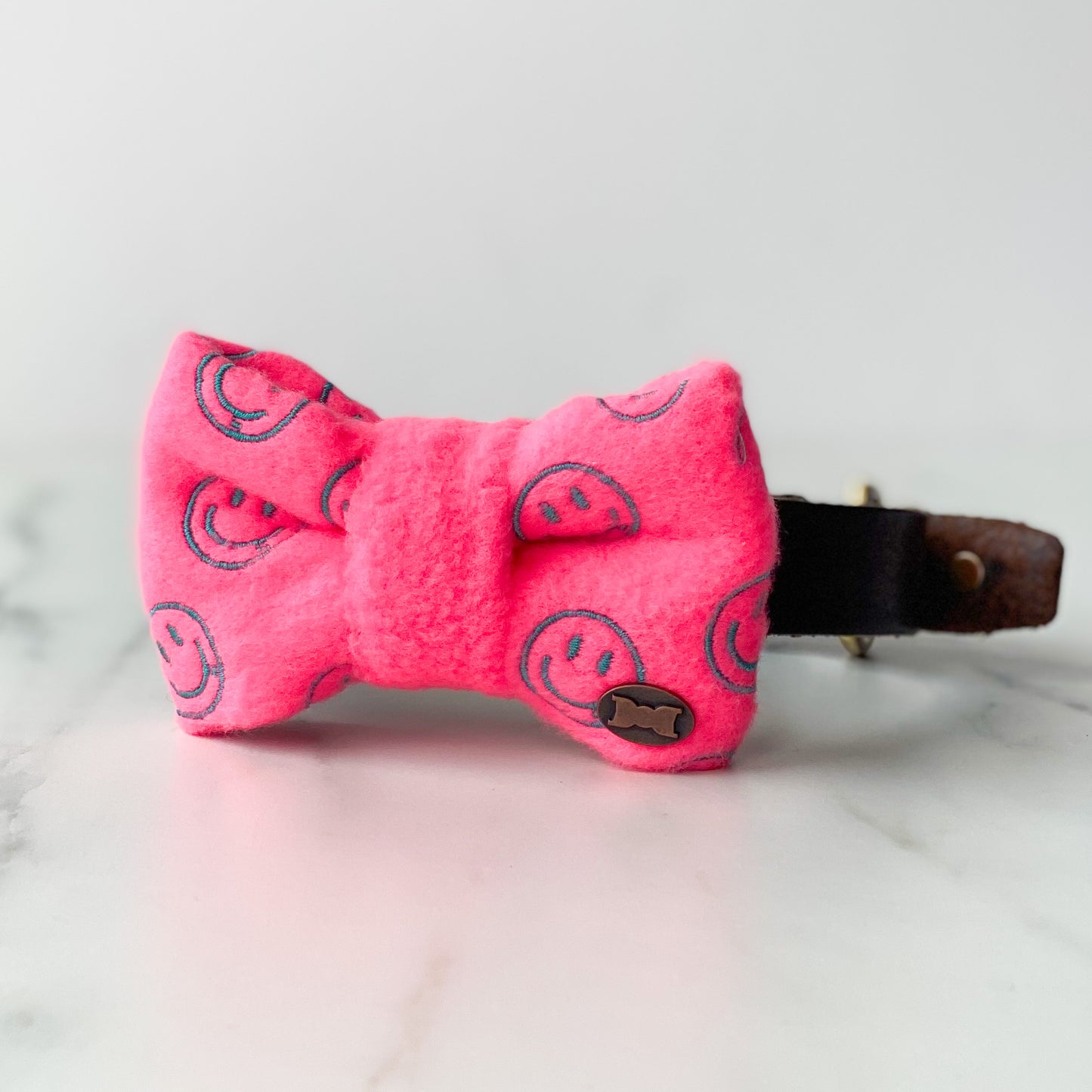 The HAPPY Dog Bow Tie | Neon Pink with Smiley Embroidery