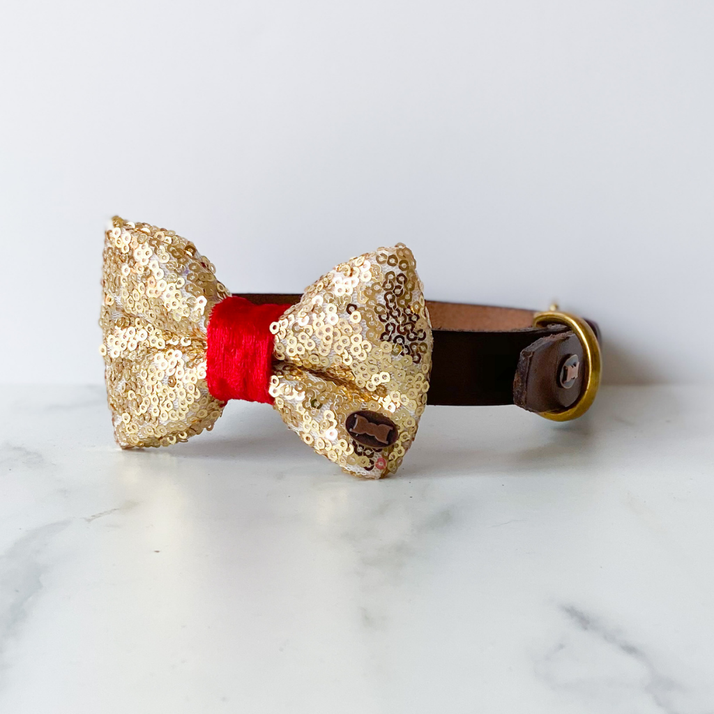 Bette Sequinned Dog Bow Tie | Gold & Red