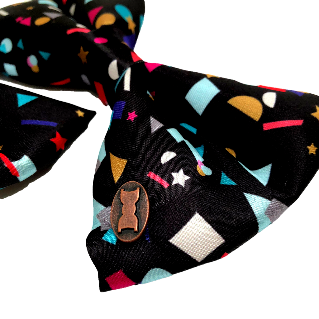 Close up of confetti satin dog bow tie