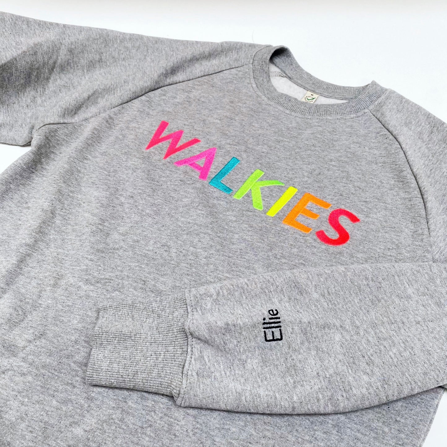 WALKIES slogan sweatshirt | Grey with Neon Rainbow Embroidery
