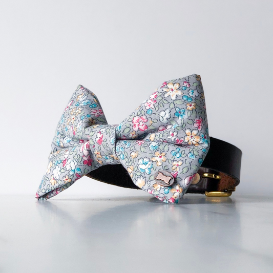 Grey floral dog bow tie in large