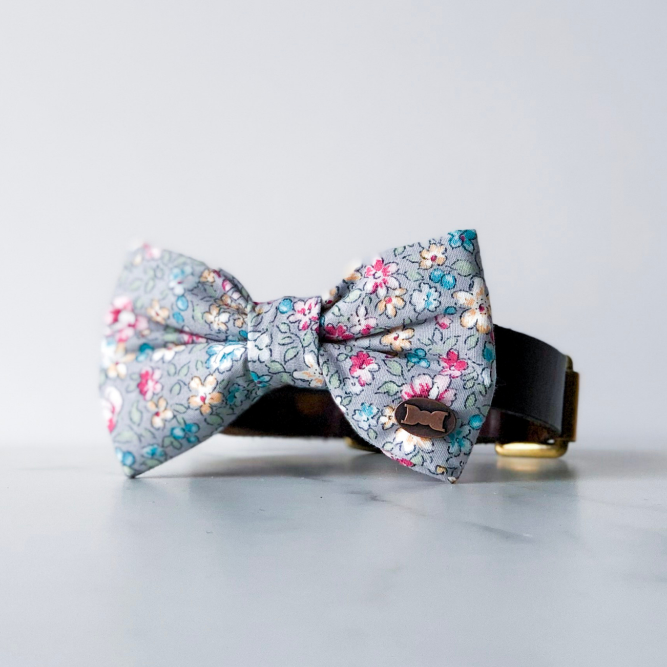 Grey floral dog bow tie in small