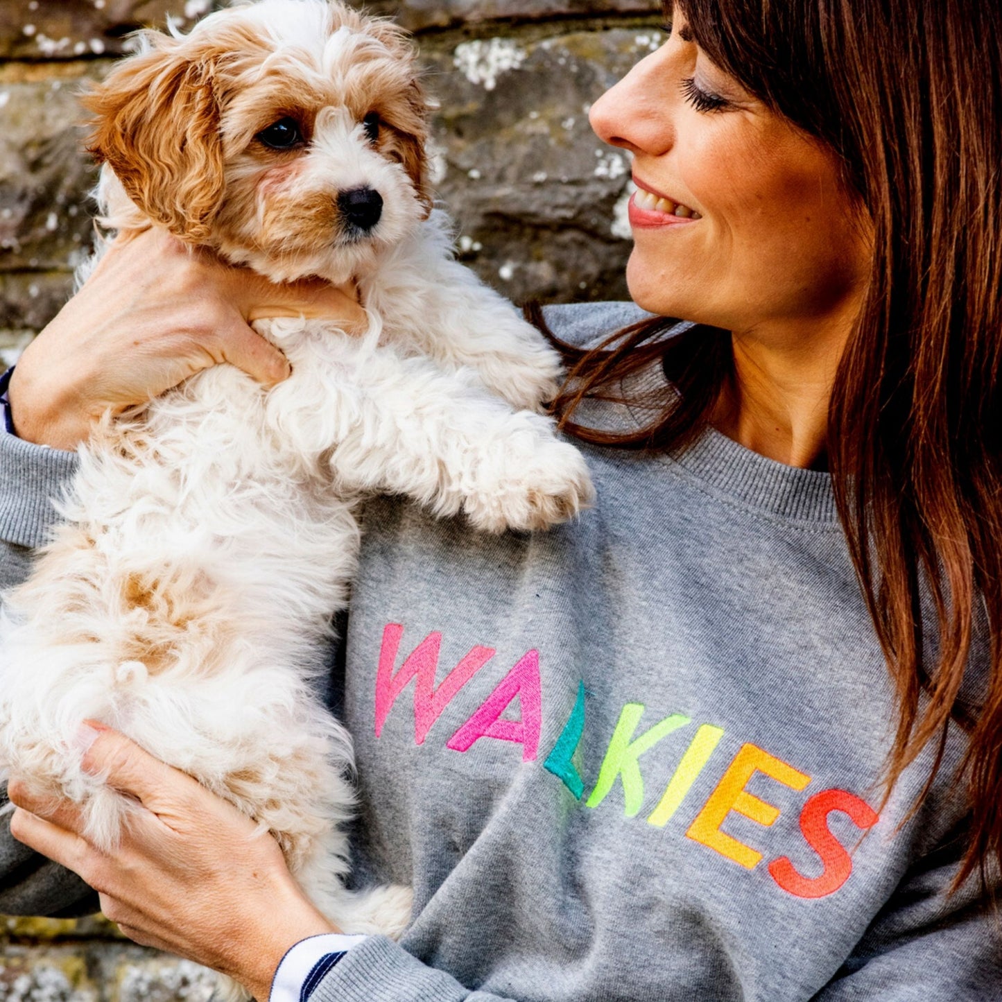WALKIES slogan sweatshirt | Grey with Neon Rainbow Embroidery