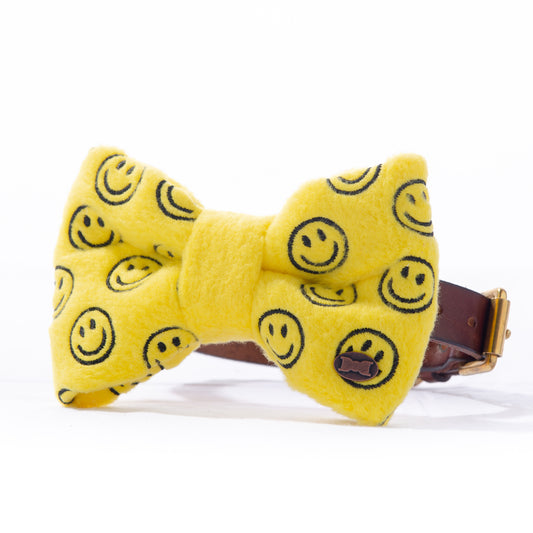 The HAPPY Dog Bow Tie | Neon Yellow with Smiley Embroidery