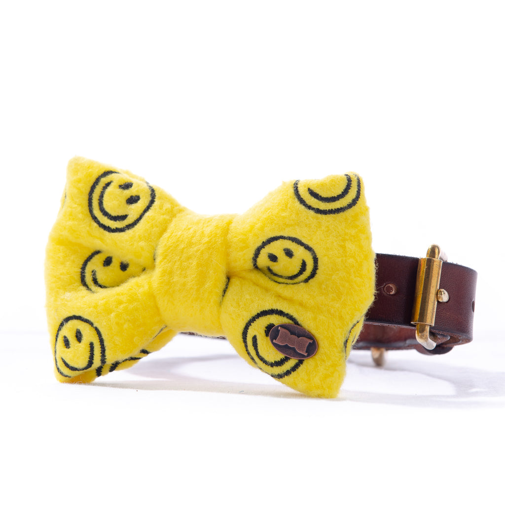 The HAPPY Dog Bow Tie | Neon Yellow with Smiley Embroidery