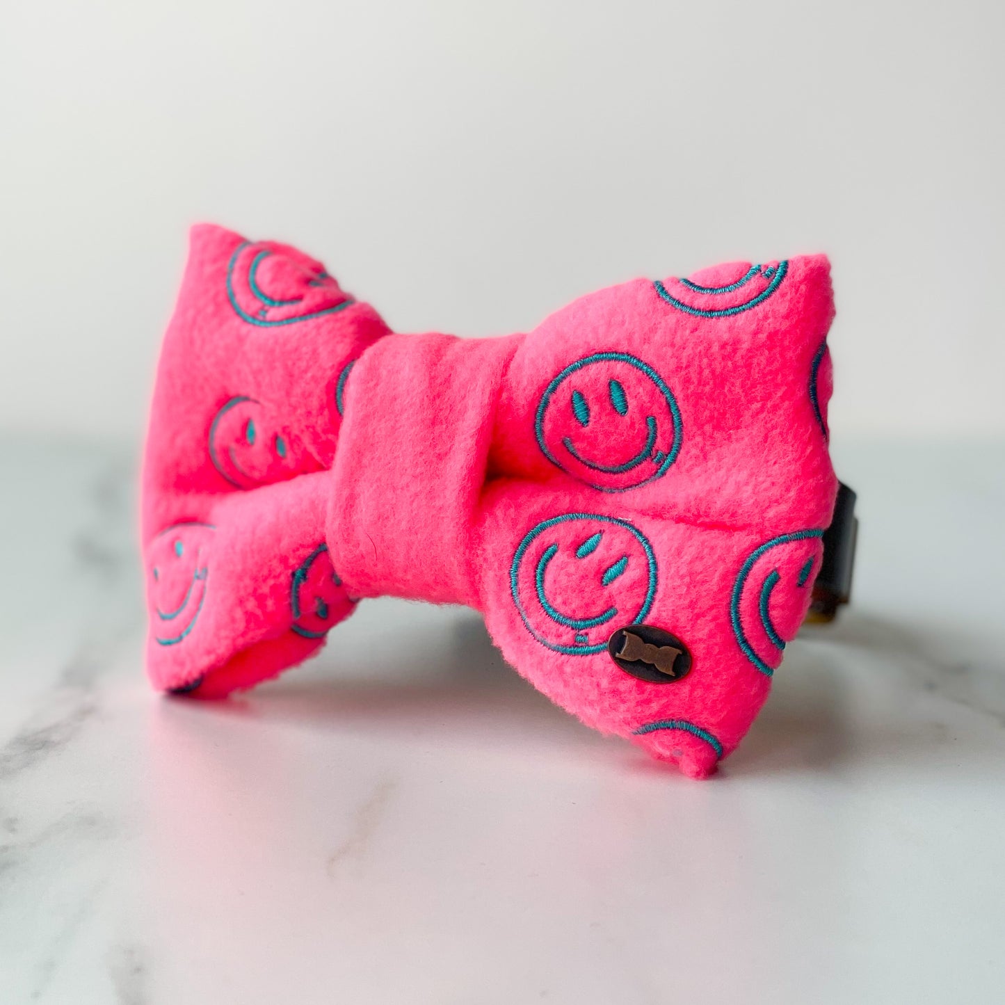 The HAPPY Dog Bow Tie | Neon Pink with Smiley Embroidery