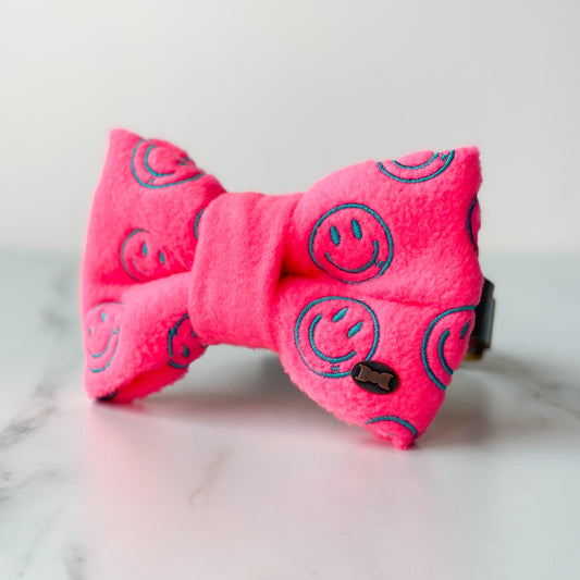 The HAPPY Dog Bow Tie | Neon Pink with Smiley Embroidery
