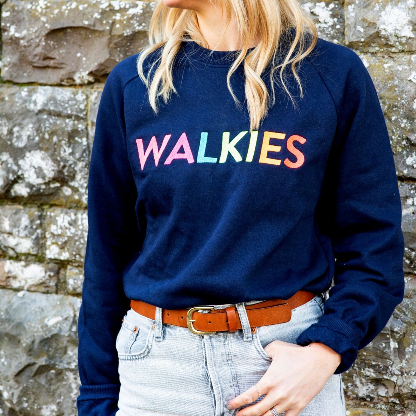 WALKIES Slogan Sweatshirt | Navy with Neon Rainbow Embroidery
