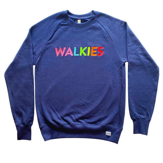 WALKIES Slogan Sweatshirt | Navy with Neon Rainbow Embroidery