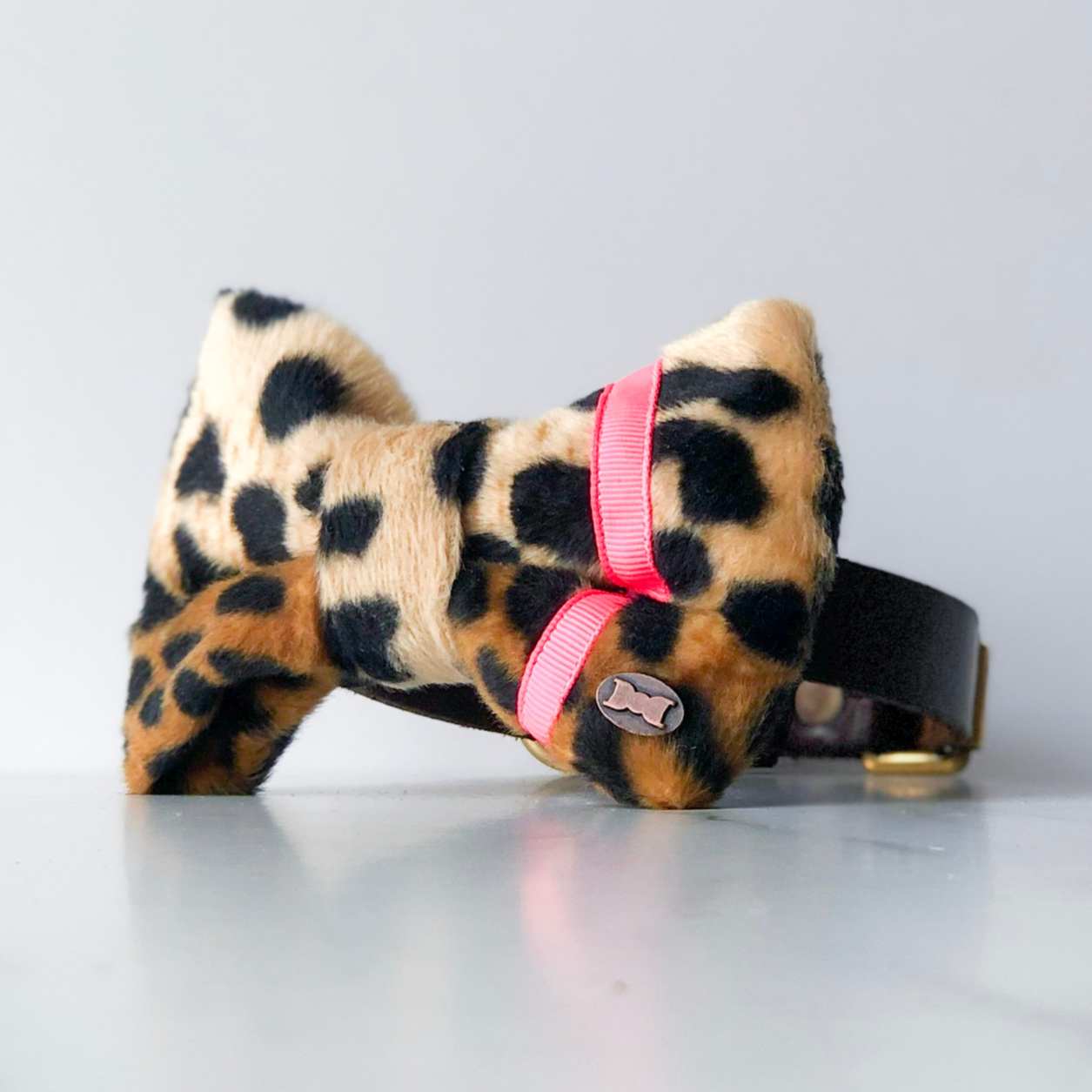 Neon pink and leopard dog bow tie in large