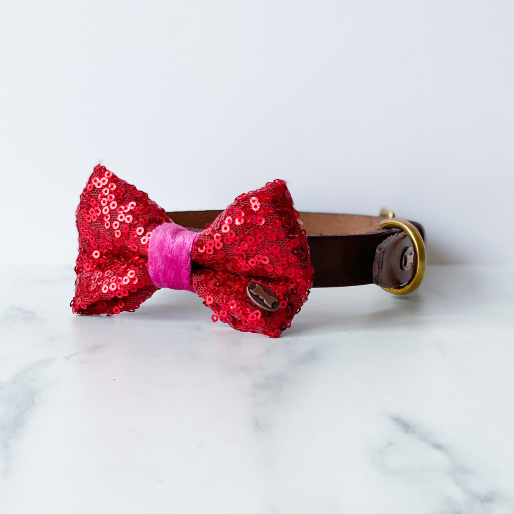 Bette Sequinned Dog Bow Tie | Red & Pink