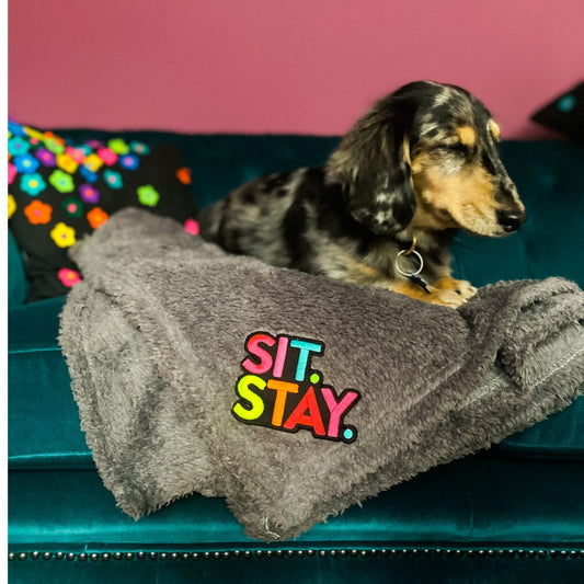 'Sit Stay' Fleece Dog Blanket | Grey with Slogan Embroidery
