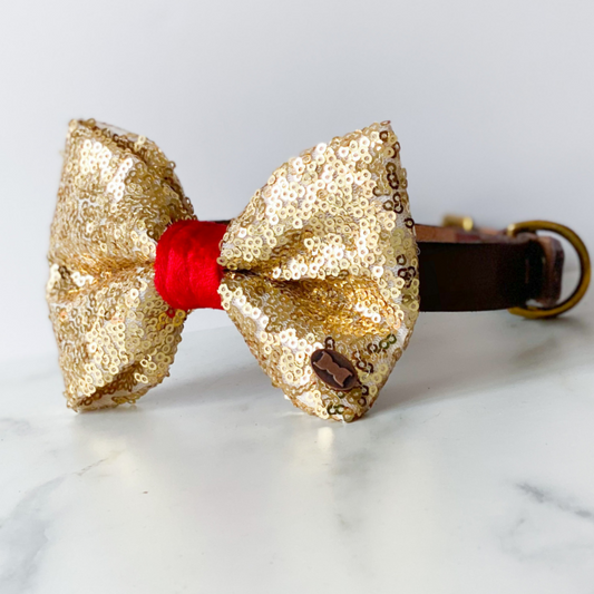 Bette Sequinned Dog Bow Tie | Gold & Red