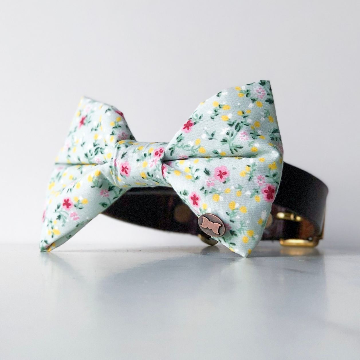 Green floral dog bow tie in large