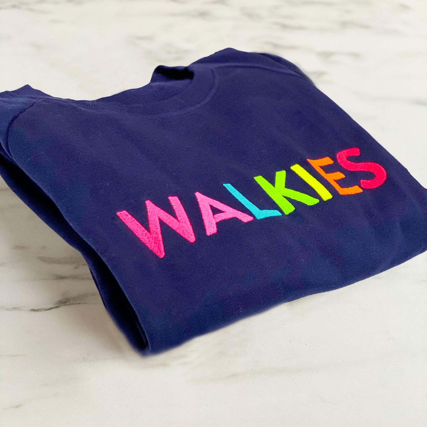 WALKIES Slogan Sweatshirt | Navy with Neon Rainbow Embroidery