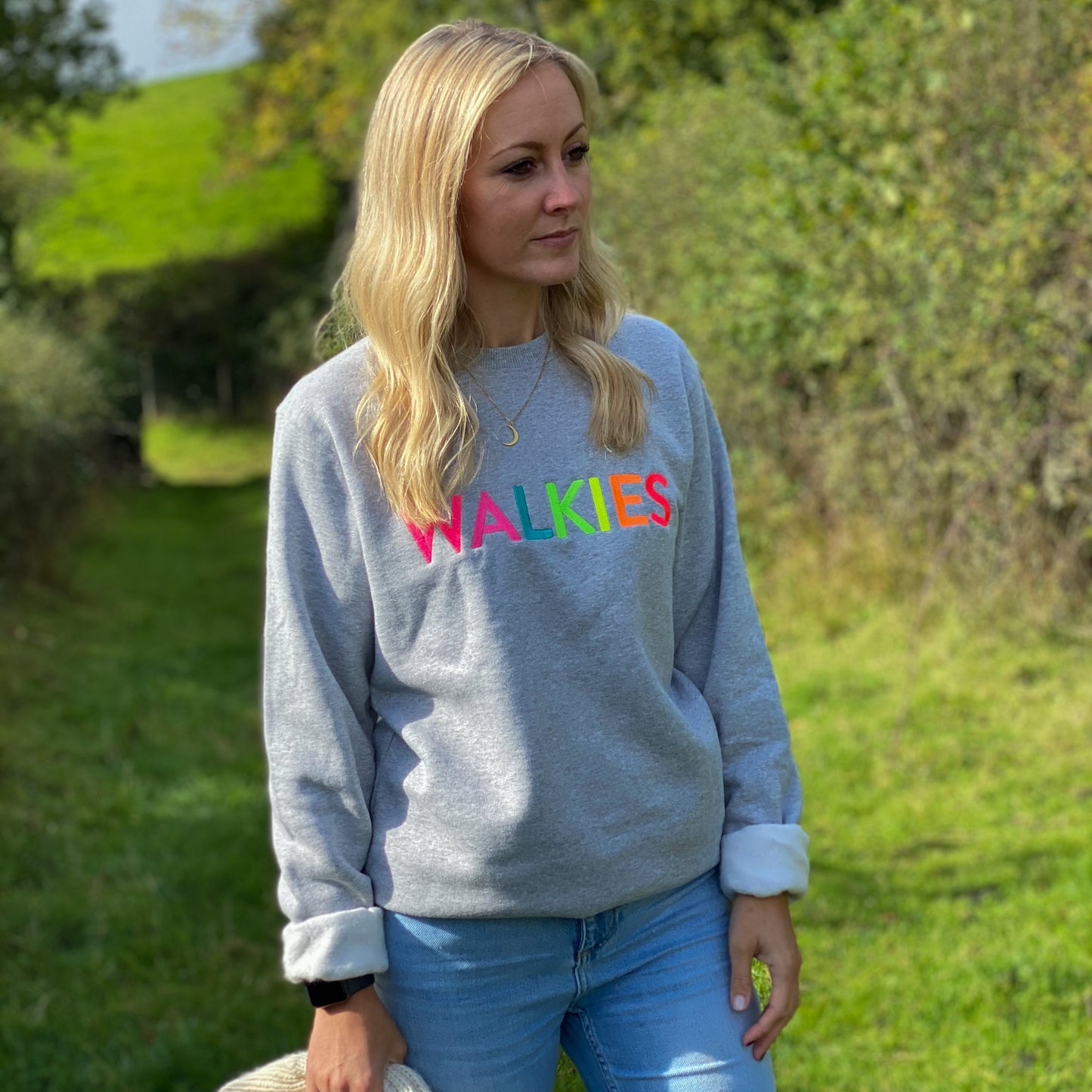 WALKIES slogan sweatshirt | Grey with Neon Rainbow Embroidery